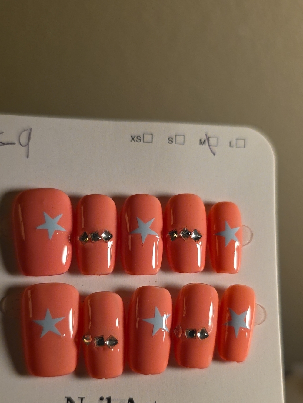 Peach Star Accent Press-On Nails with Silver Studs Size Med